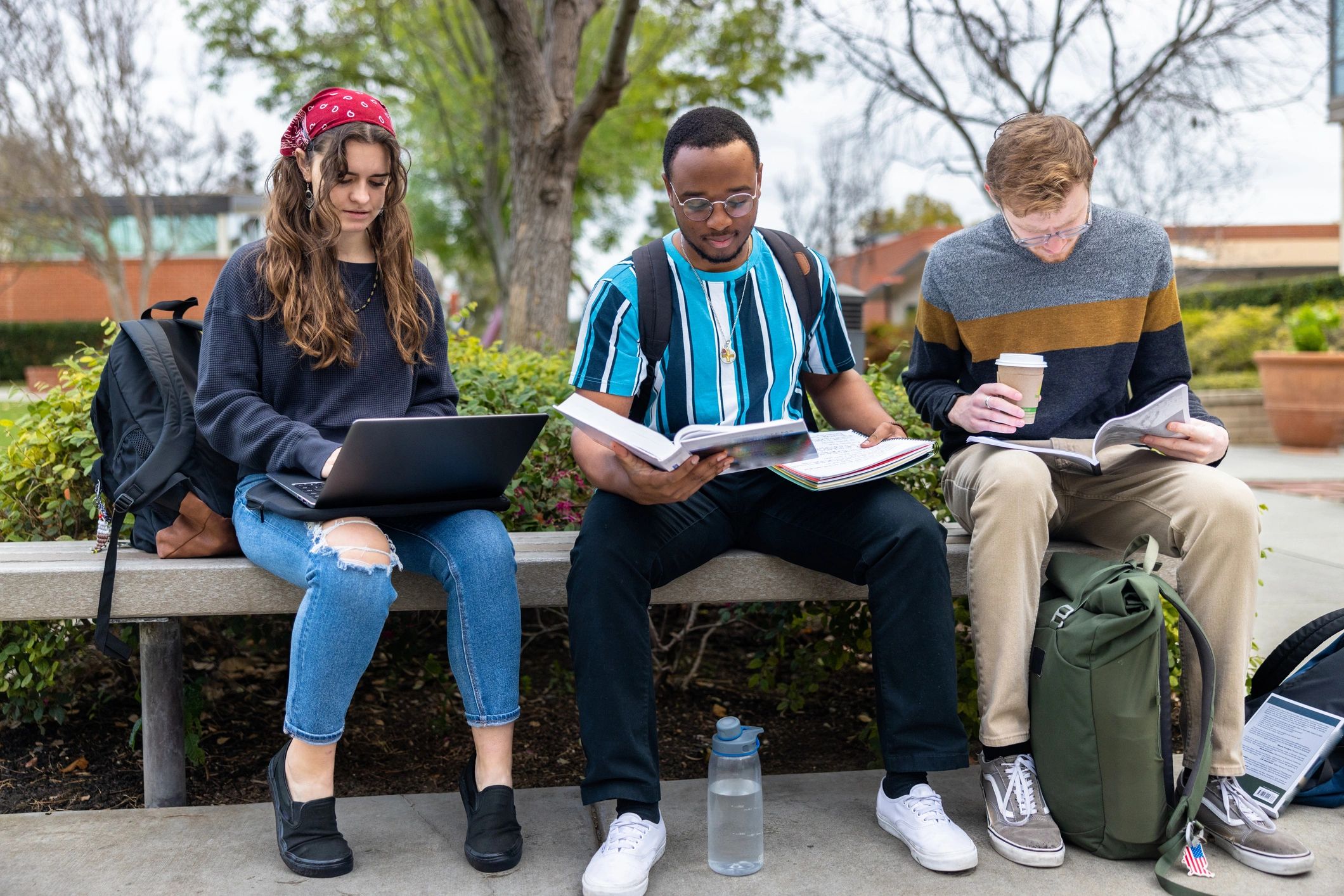 Students studying together outdoors on campus