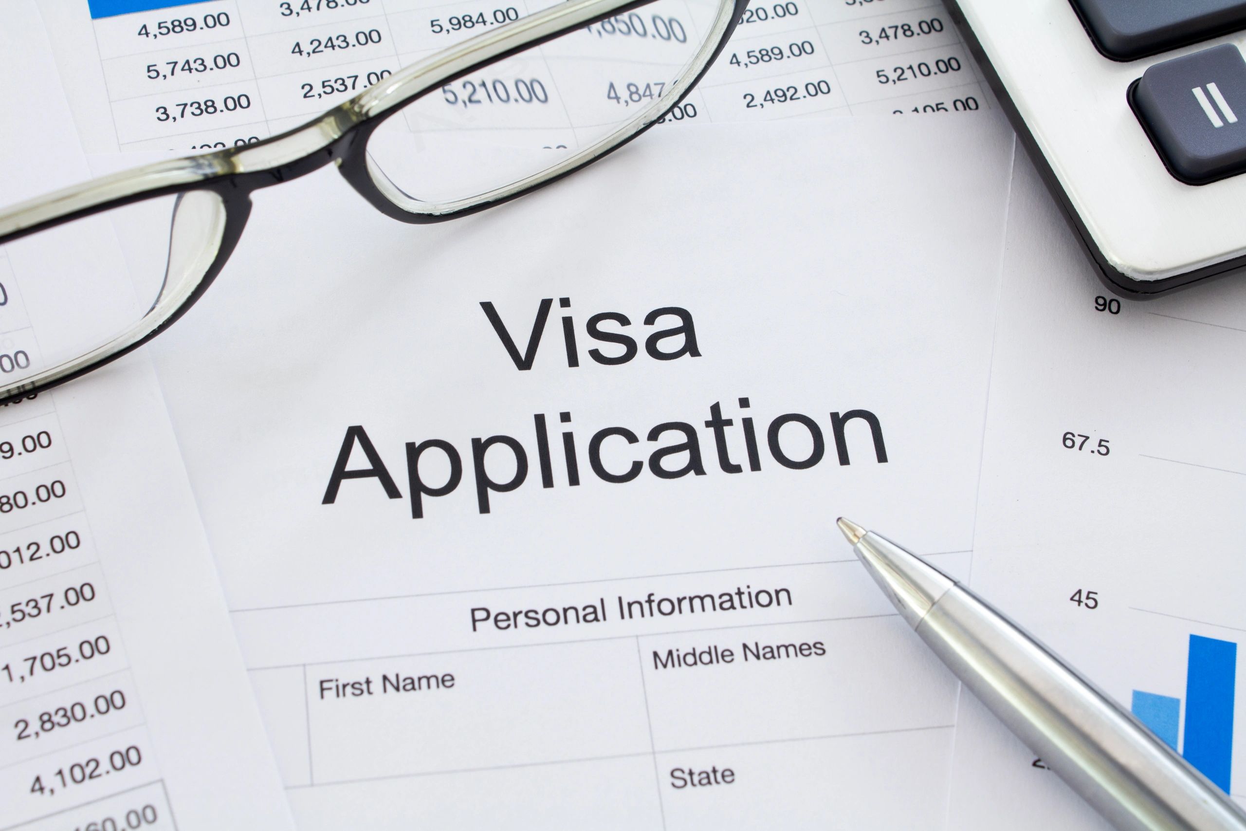 Visa application form on a desk with documents